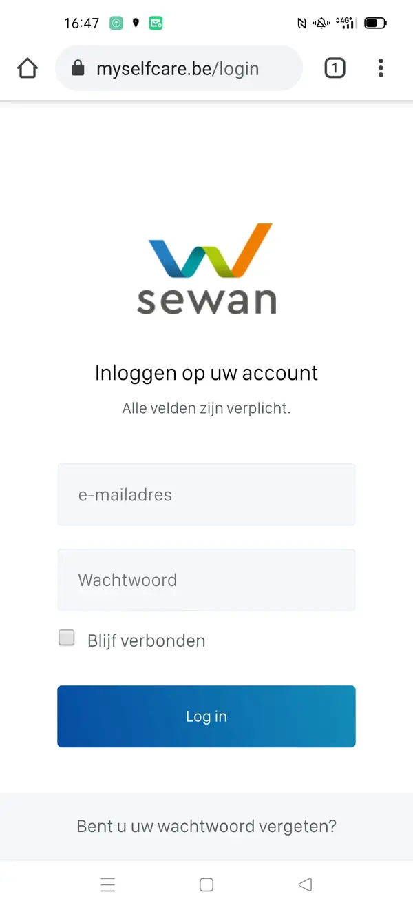 Inlogscherm van myselfcare.be in de browser op Android