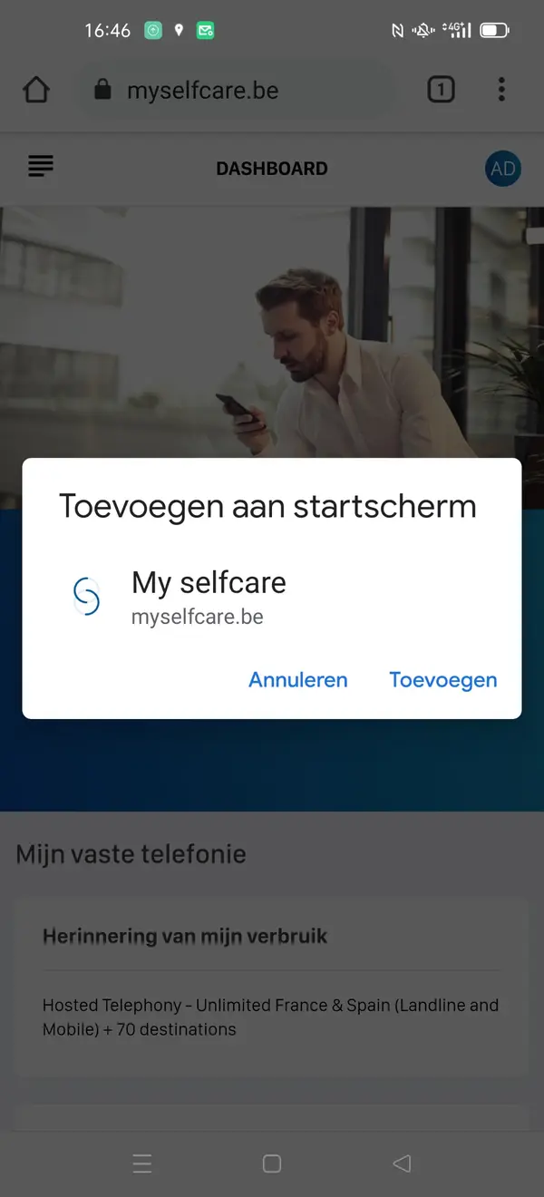 Pop-up Toevoegen aan startscherm met de knop om te bevestigen