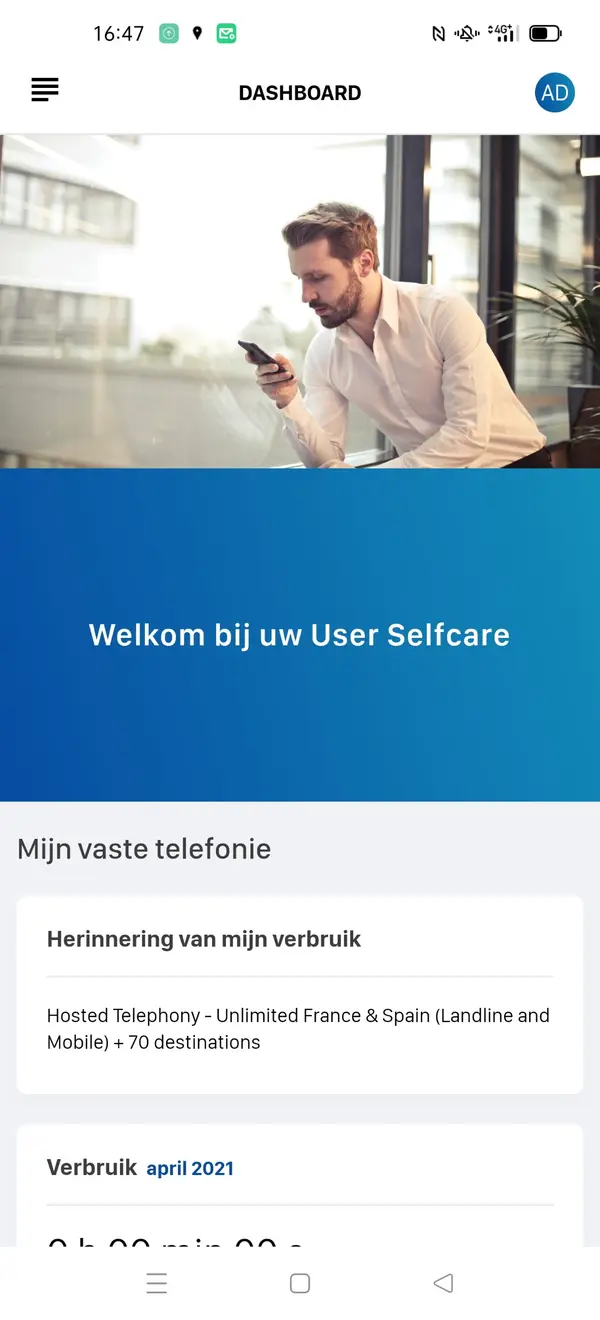 MySelfCare-dashboard met je verbruik op Android