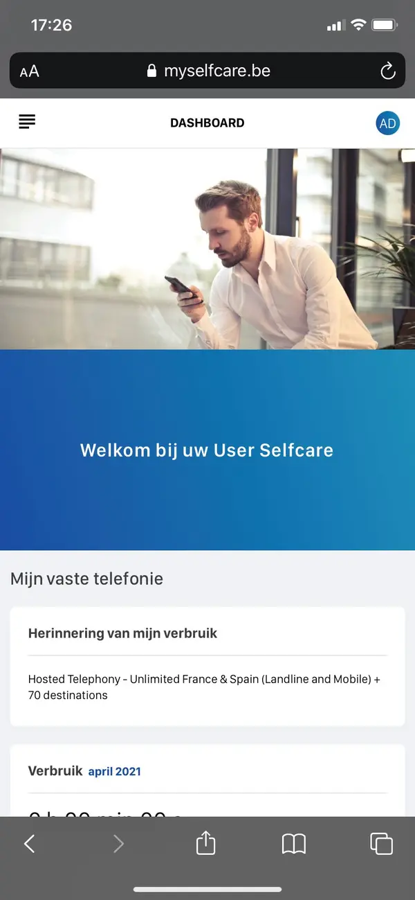 MySelfCare-dashboard met onderaan het deel-icoon in Safari