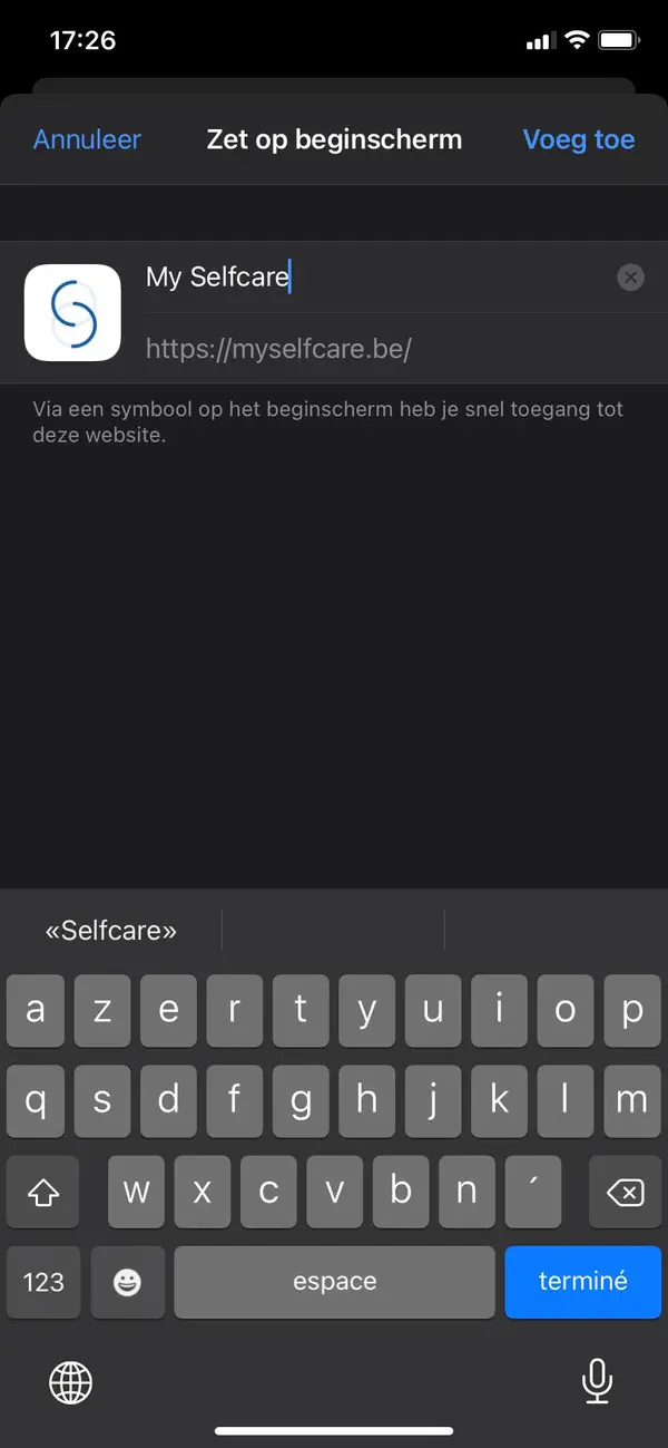 Scherm Zet op beginscherm met de knop Voeg toe