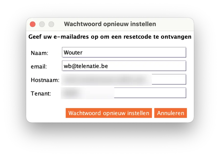 Venster Wachtwoord opnieuw instellen met naam, e-mail, hostnaam en tenant