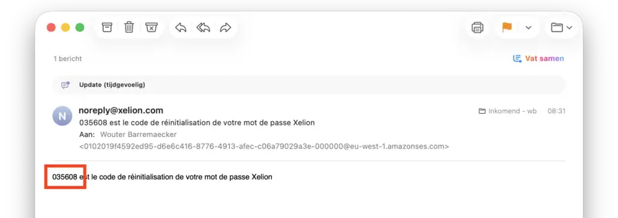E-mail van Xelion met de resetcode