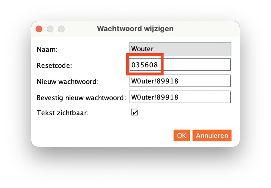 Venster Wachtwoord wijzigen met resetcode en nieuw wachtwoord