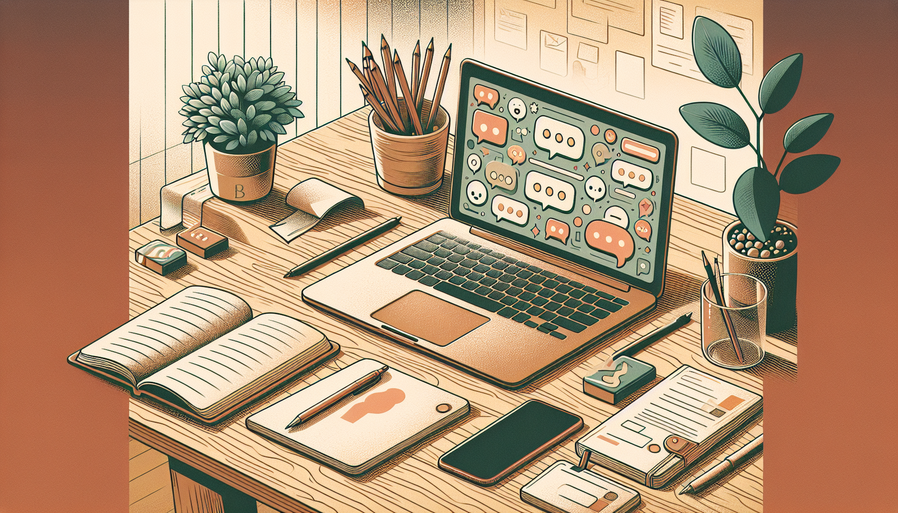 Een KMO-werkplek met laptop, een vriendelijk chat-interface zichtbaar op het scherm, papieren en notitieboekje ernaast