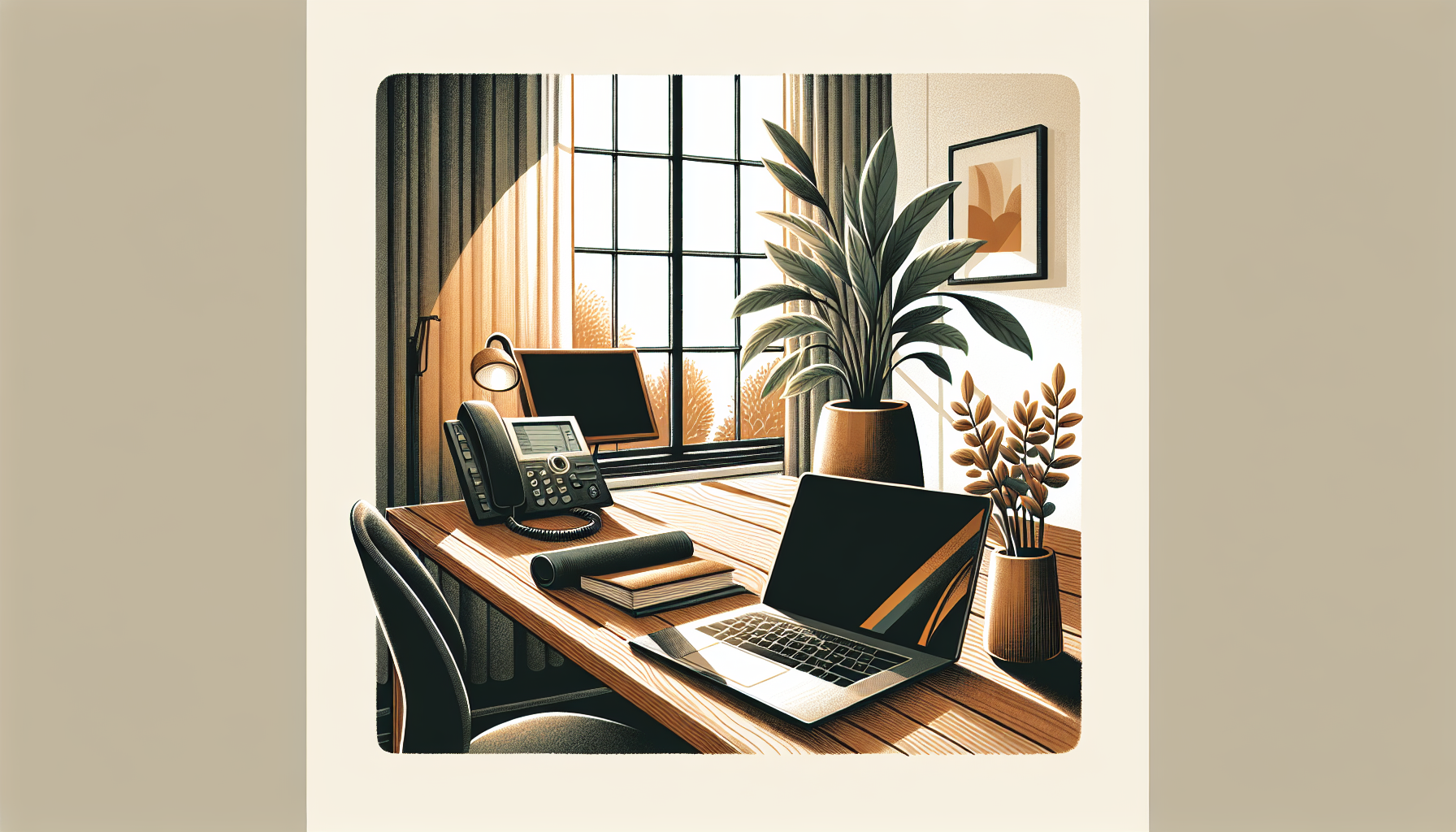Een professionele IP-telefoon en laptop op een houten bureau, warm daglicht door het raam